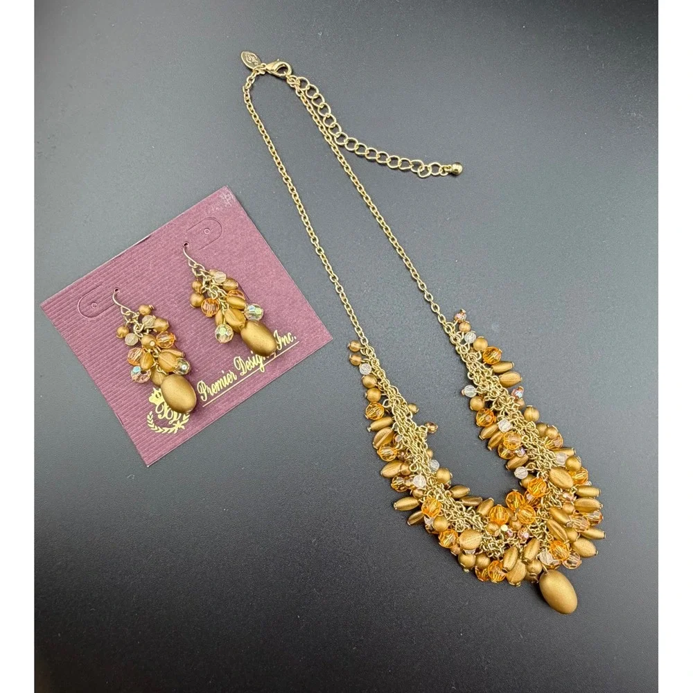 Premier Designs Necklace Earring Set Goldtone Amber Beaded Chacha Statement Warm